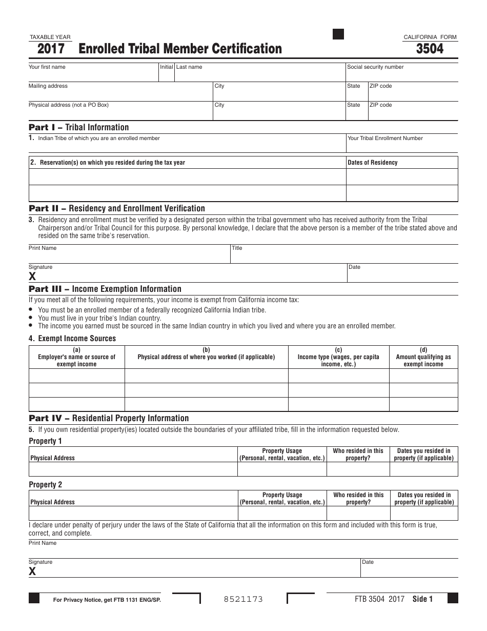 Form FTB3504 Enrolled Tribal Member Certification - California, Page 1