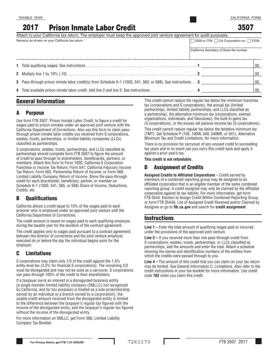 Form FTB3507 Prison Inmate Labor Credit - California, Page 1