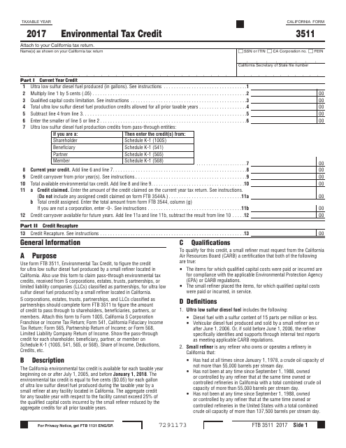 Form FTB3511 - 2017 - Fill Out, Sign Online and Download Printable PDF ...