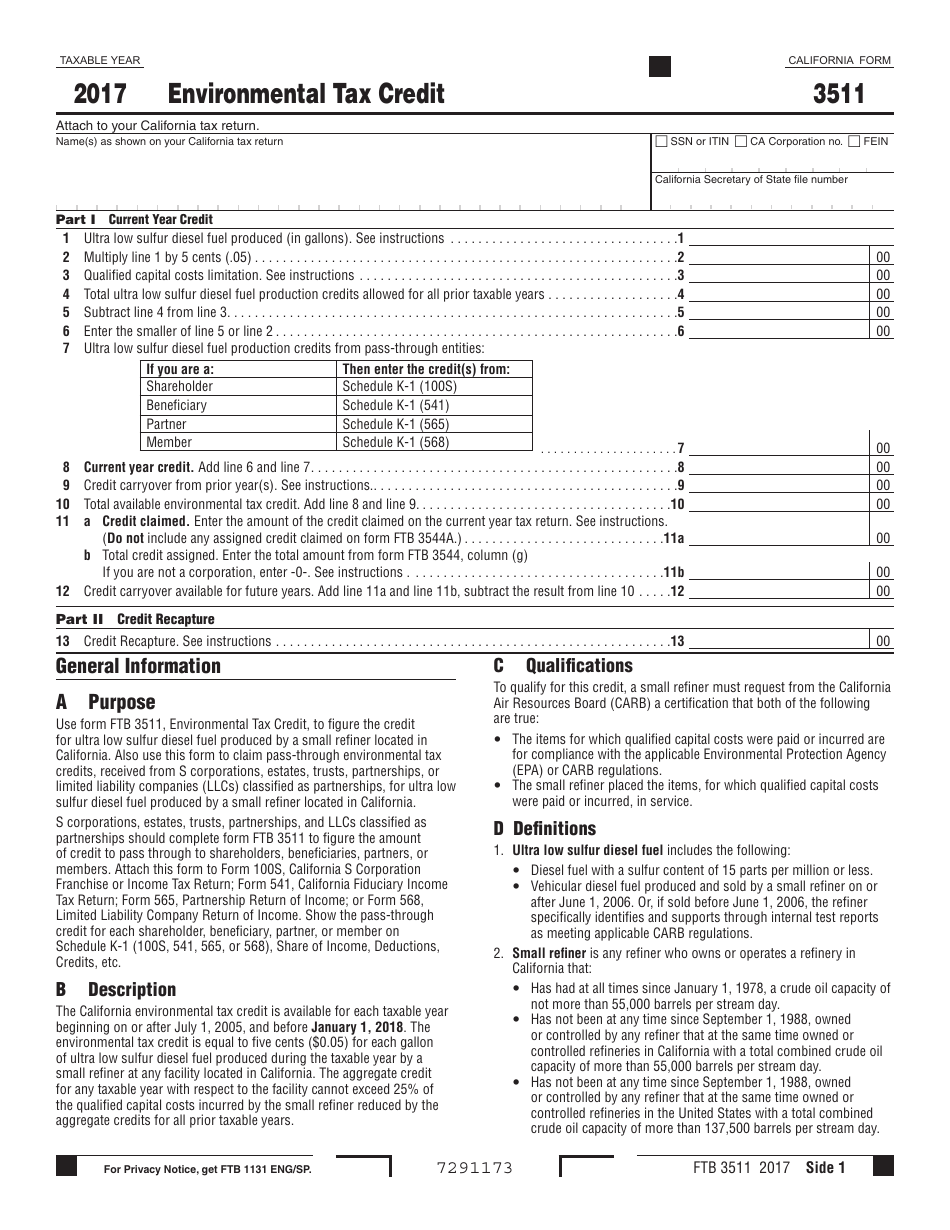 Form FTB3511 Environmental Tax Credit - California, Page 1