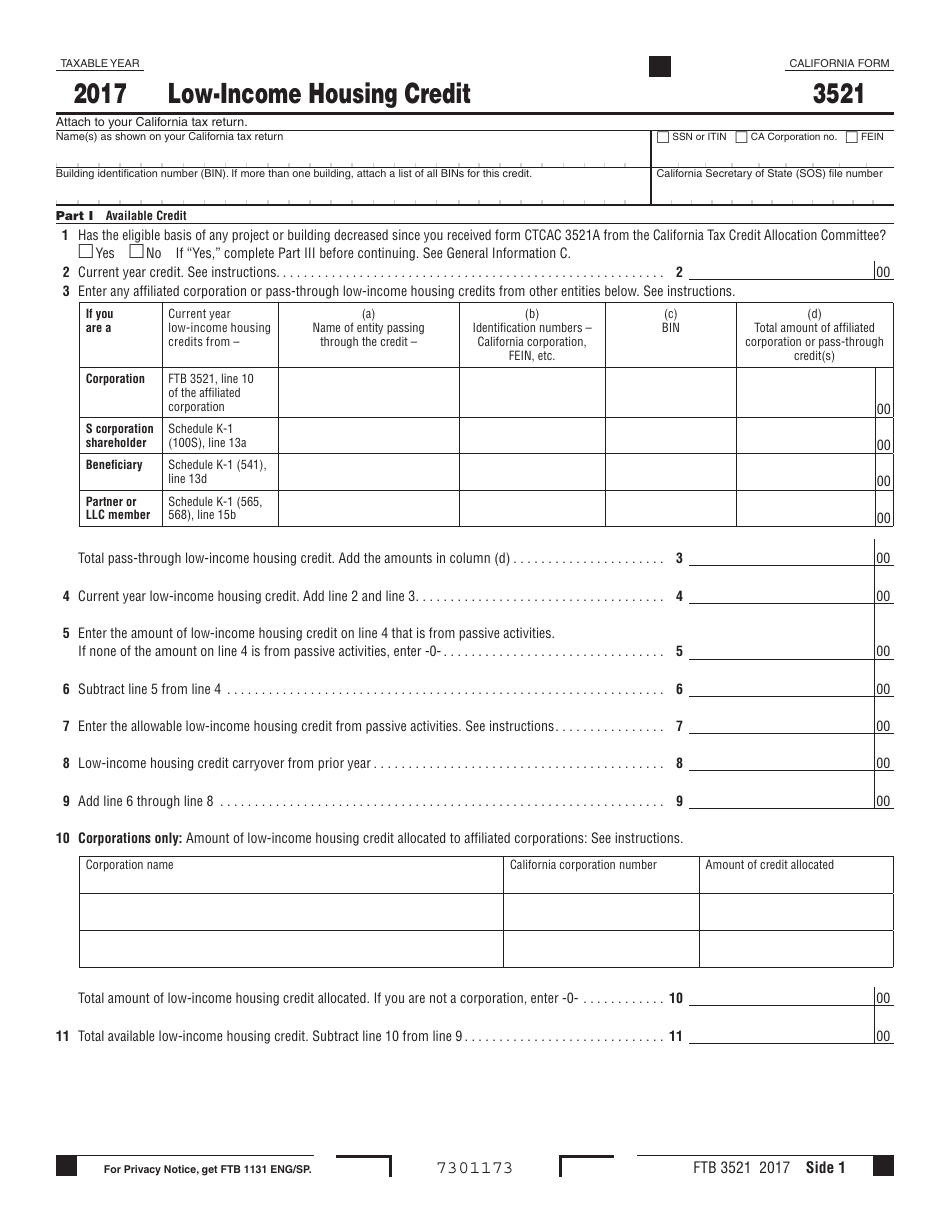 Form FTB3521 Low-Income Housing Credit - California, Page 1