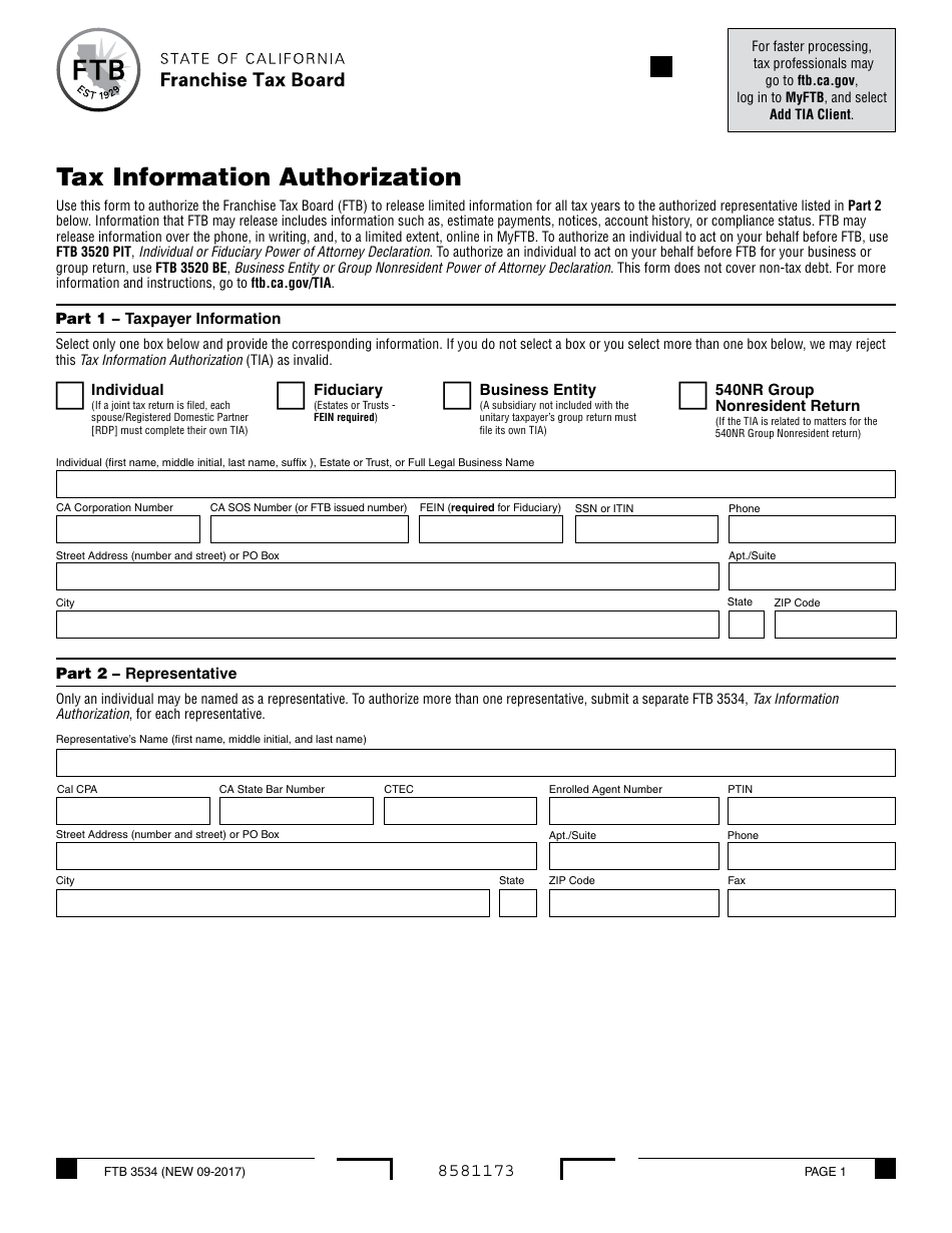 Form FTB3534 Tax Information Authorization - California, Page 1
