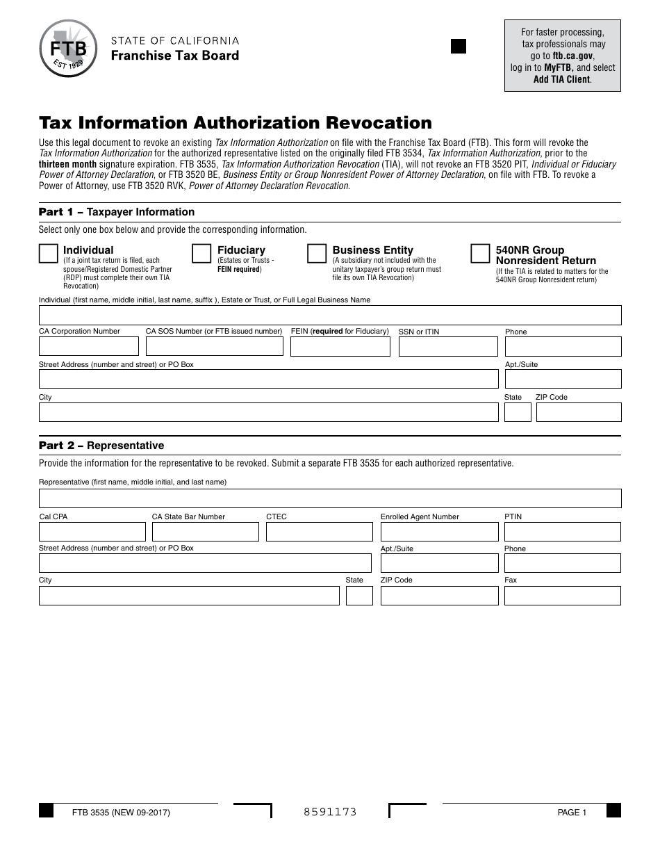 Form FTB3535 Tax Information Authorization Revocation - California, Page 1