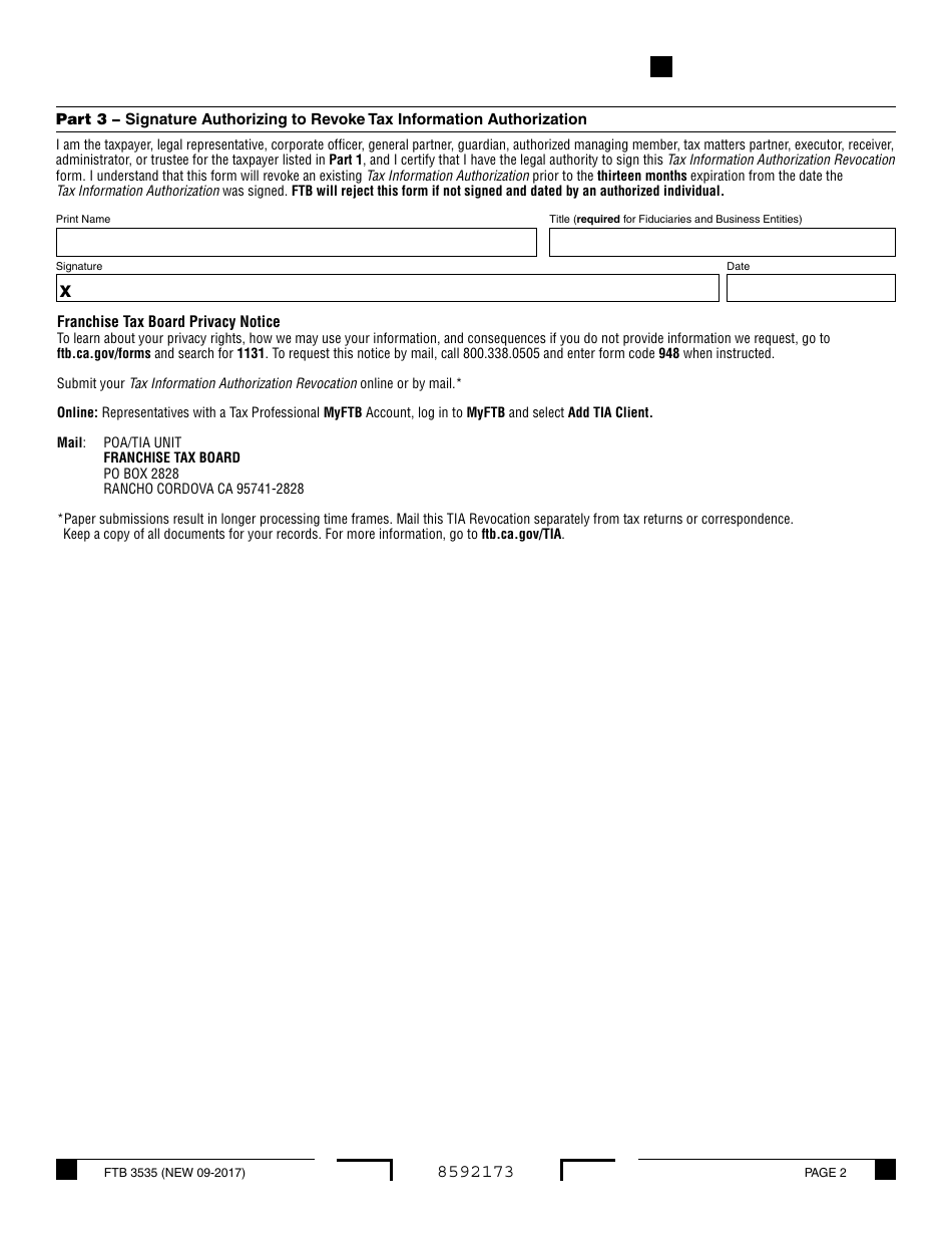 Form FTB3535 Tax Information Authorization Revocation - California, Page 2