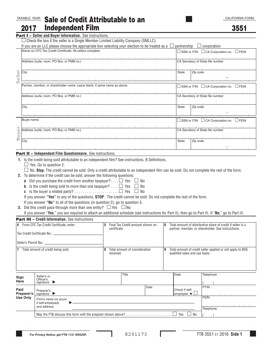 Form FTB3551 Sale of Credit Attributable to an Independent Film - California, Page 1
