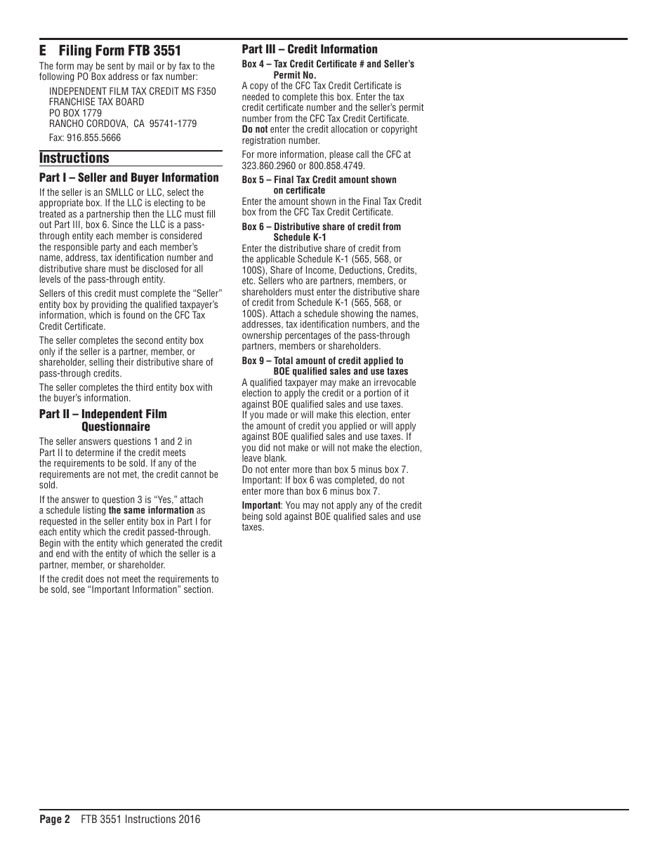 Form FTB3551 Sale of Credit Attributable to an Independent Film - California, Page 3