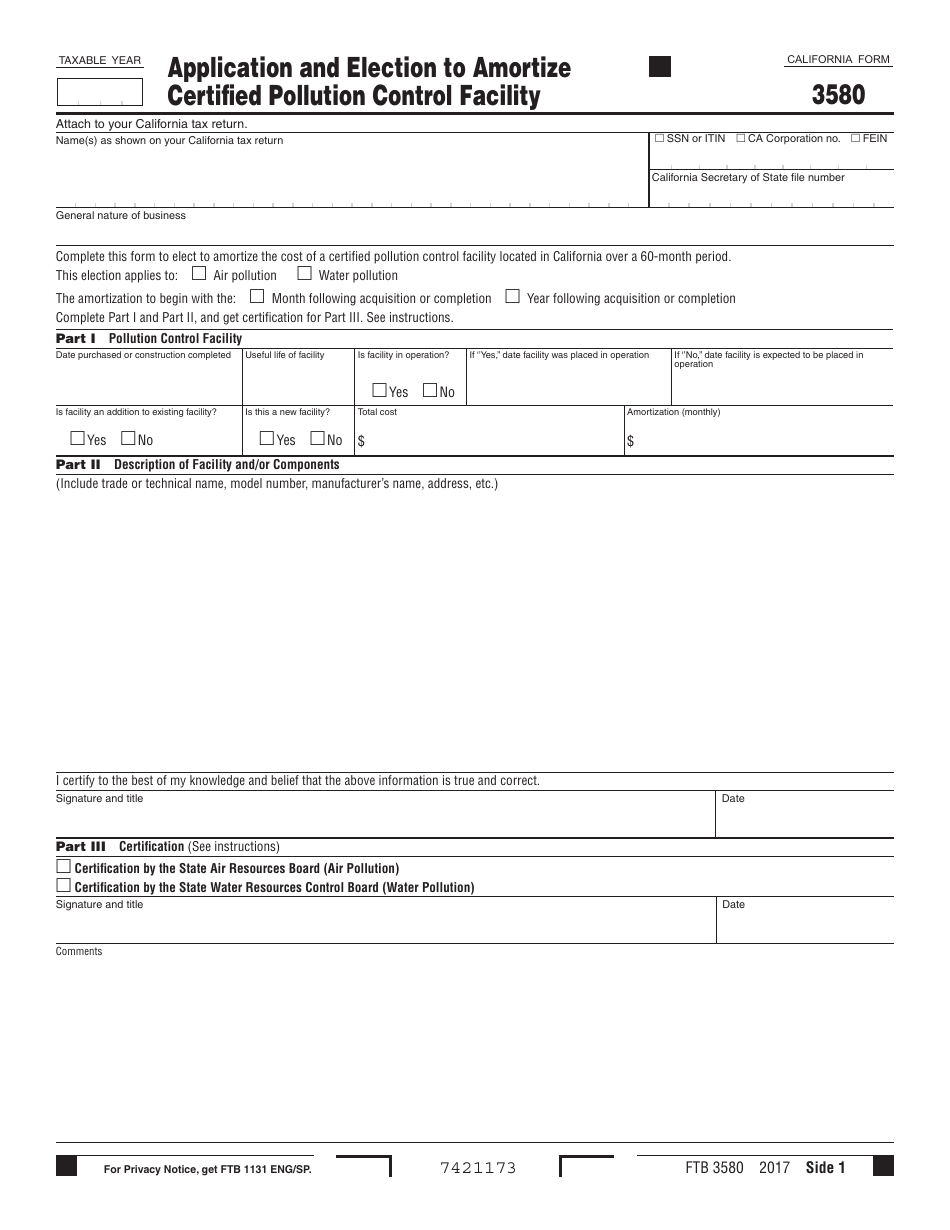 Form FTB3580 Application and Election to Amortize Certified Pollution Control Facility - California, Page 1