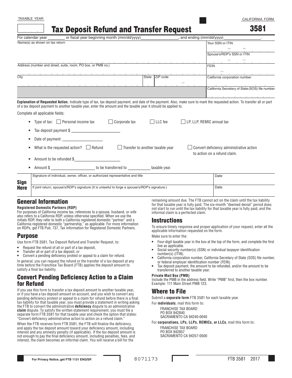 Form FTB3581 Tax Deposit Refund and Transfer Request - California, Page 1