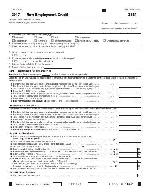 Form FTB3554 New Employment Credit - California, 2017