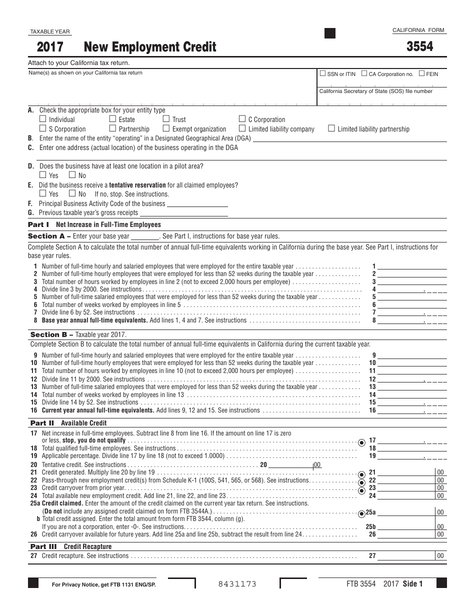 Form FTB3554 New Employment Credit - California, Page 1