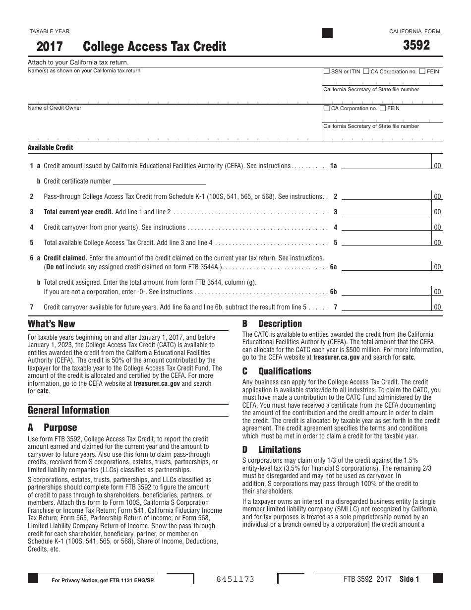 Form FTB3592 College Access Tax Credit - California, Page 1