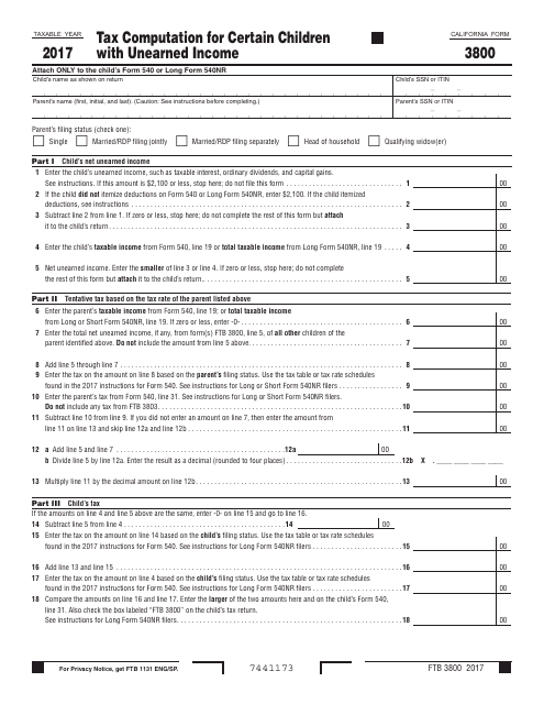 Form FTB3800 Tax Computation for Certain Children With Unearned Income - California, 2017