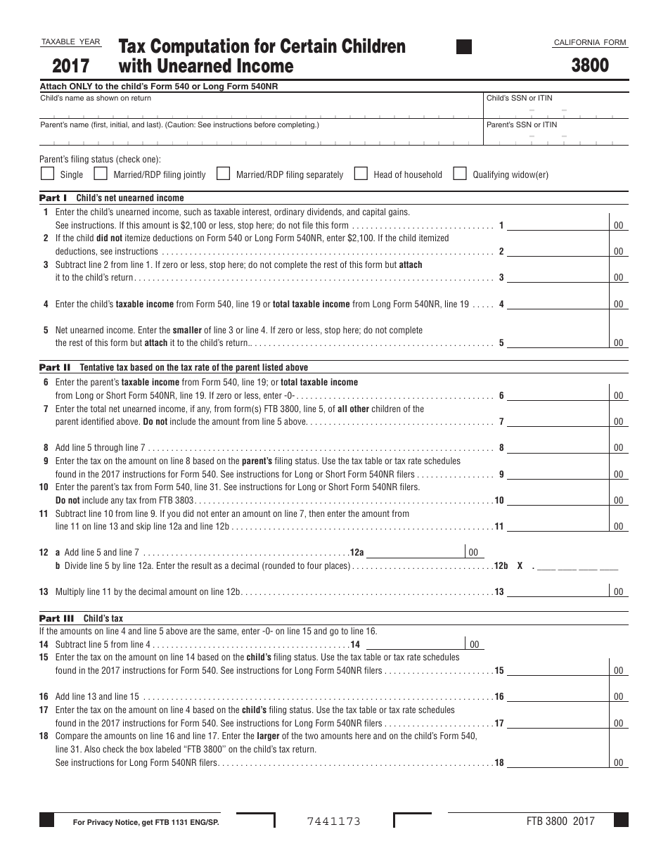 Form FTB3800 Tax Computation for Certain Children With Unearned Income - California, Page 1
