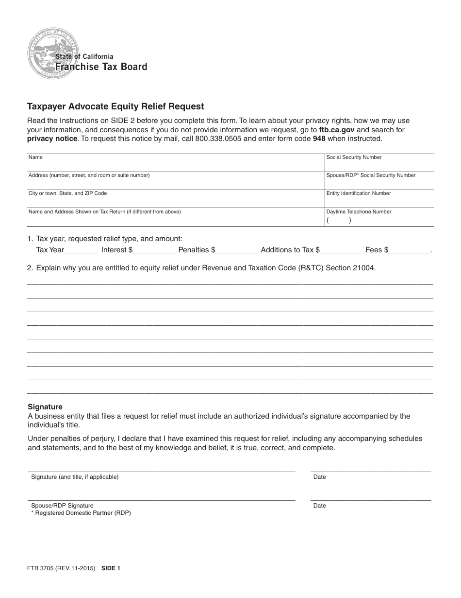 Form FTB3705 Taxpayer Advocate Equity Relief Request - California, Page 1