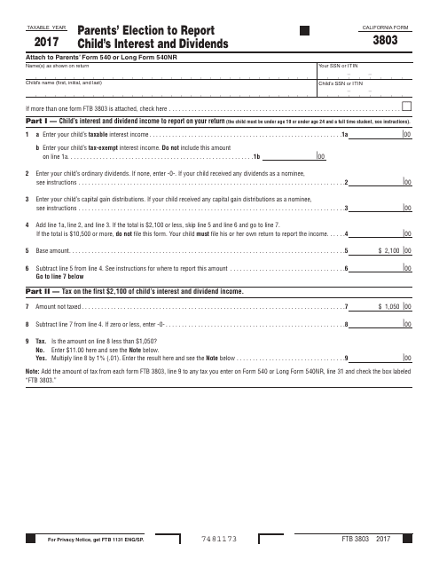 Form FTB3803 Parents' Election to Report Child's Interest and Dividends - California, 2017