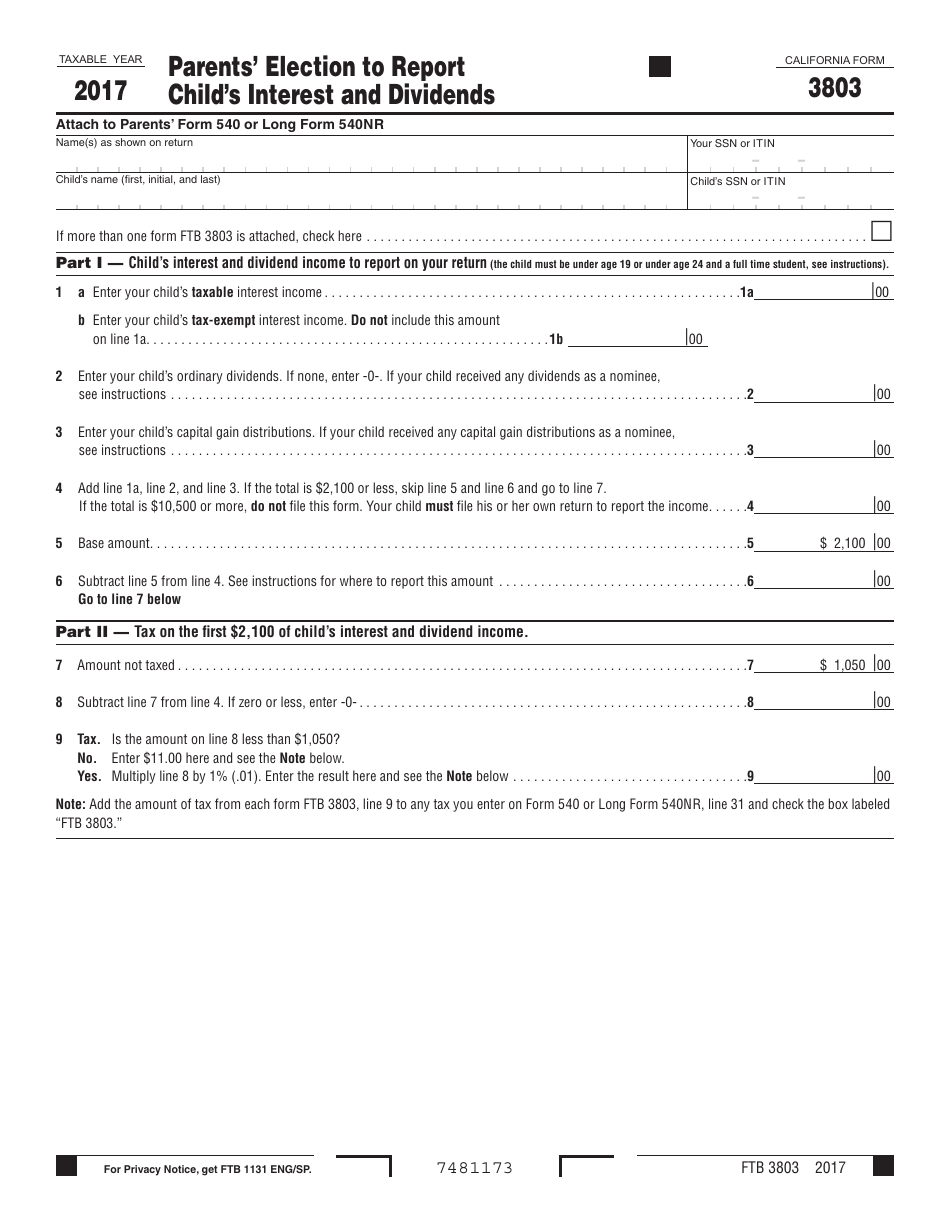 Form FTB3803 Parents Election to Report Childs Interest and Dividends - California, Page 1