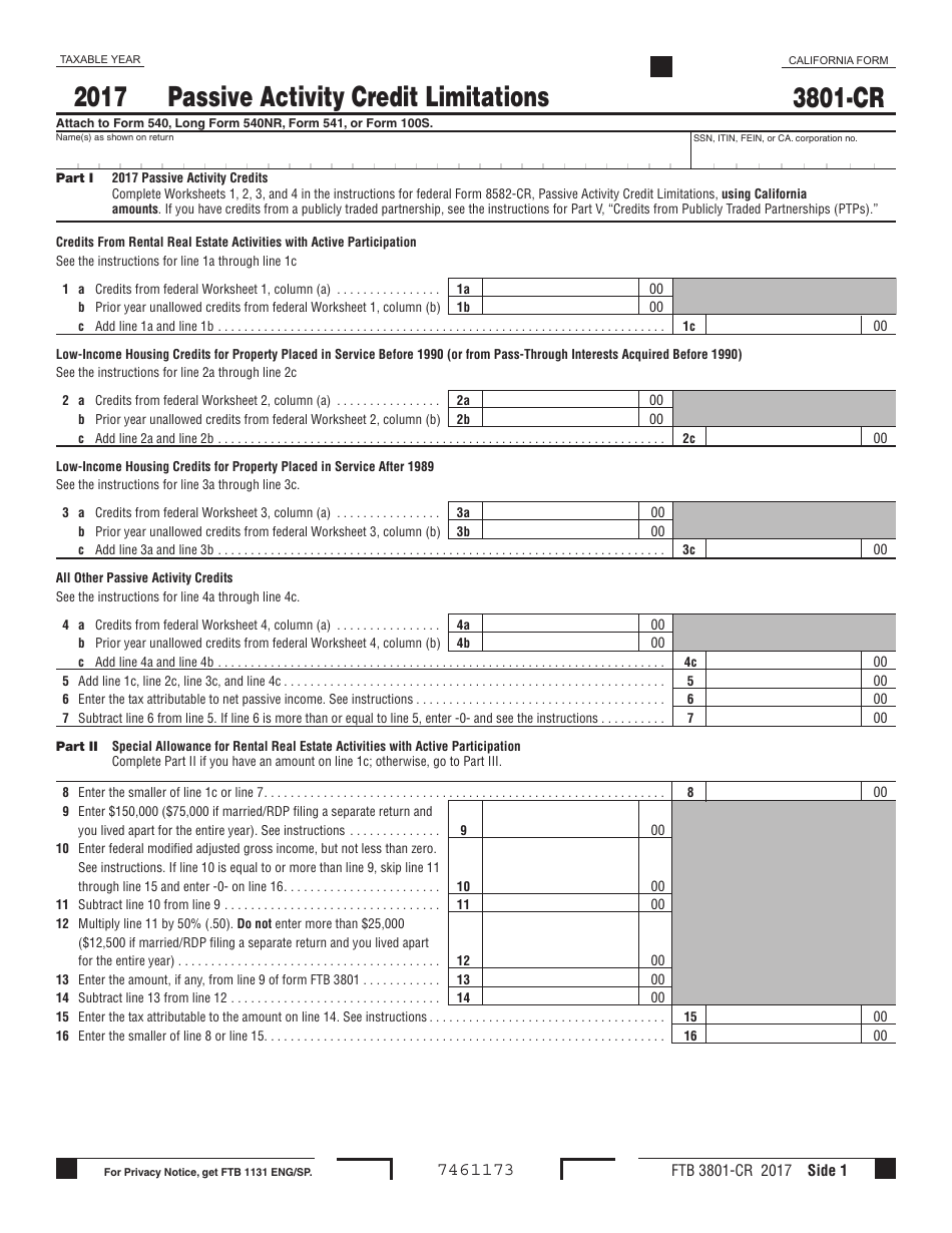 Form FTB3801-CR Passive Activity Credit Limitations - California, Page 1