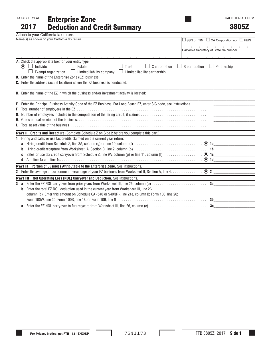Form FTB3805Z Enterprise Zone Deduction and Credit Summary - California, Page 1