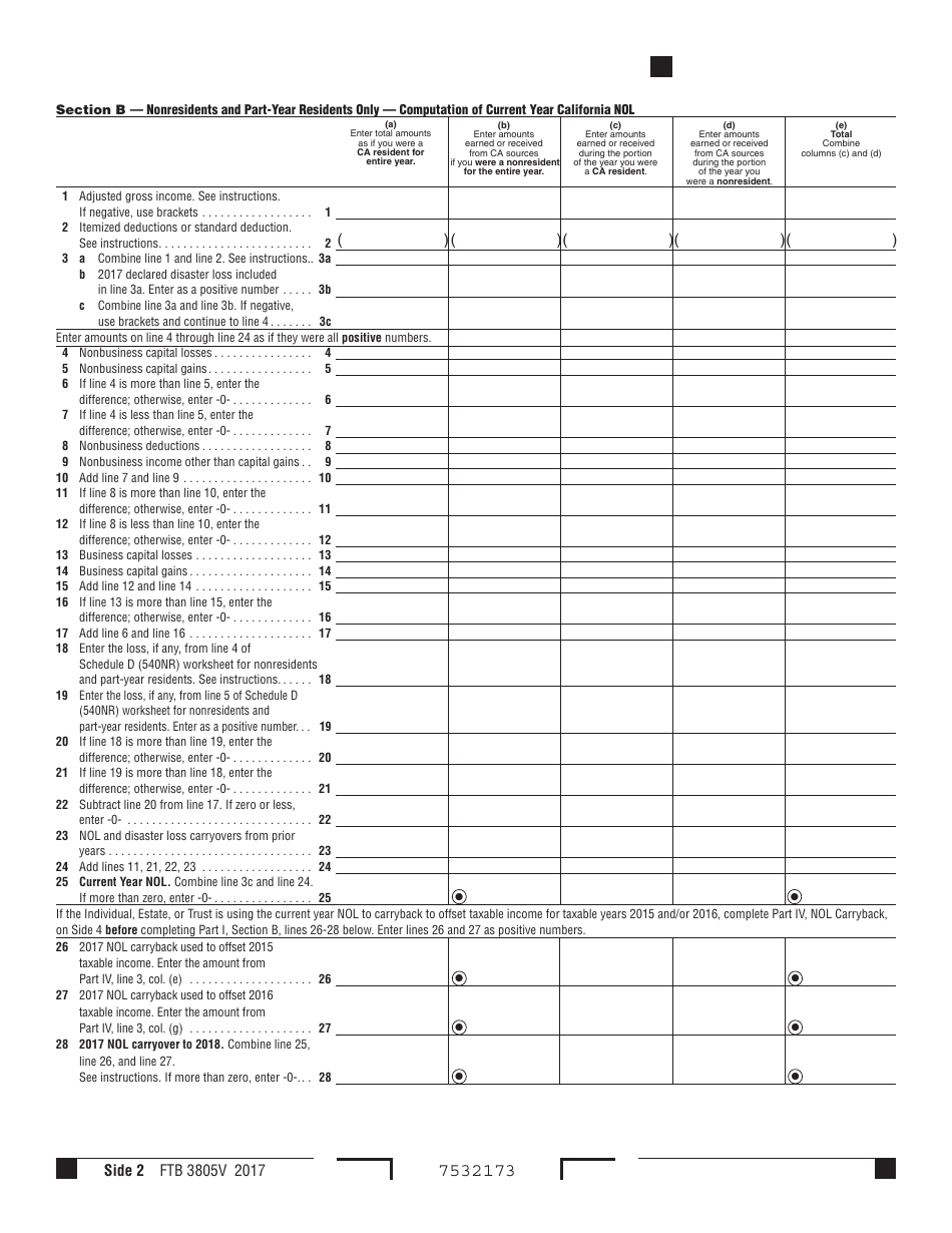 Form FTB3805V Net Operating Loss (Nol) Computation and Nol and Disaster Loss Limitations  Individuals, Estates, and Trusts - California, Page 2