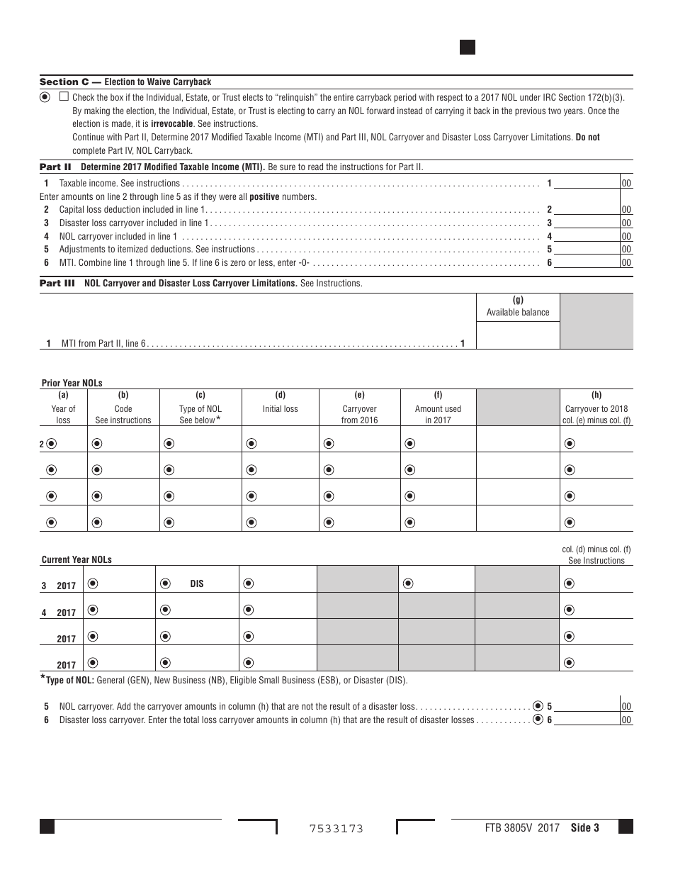 Form FTB3805V Net Operating Loss (Nol) Computation and Nol and Disaster Loss Limitations  Individuals, Estates, and Trusts - California, Page 3