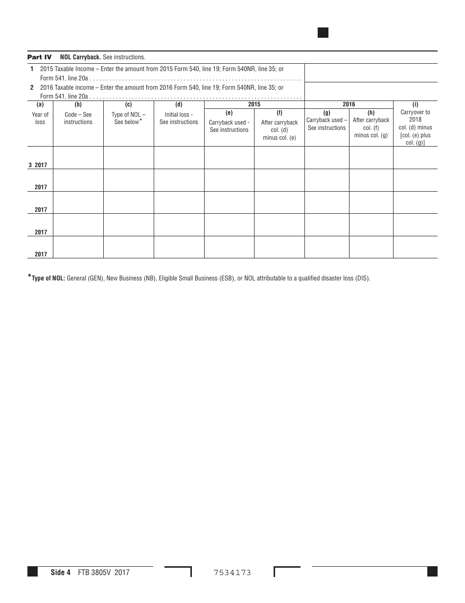 Form FTB3805V Net Operating Loss (Nol) Computation and Nol and Disaster Loss Limitations  Individuals, Estates, and Trusts - California, Page 4