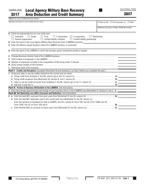 Form FTB3807 Local Agency Military Base Recovery Area Deduction and Credit Summary - California, 2017