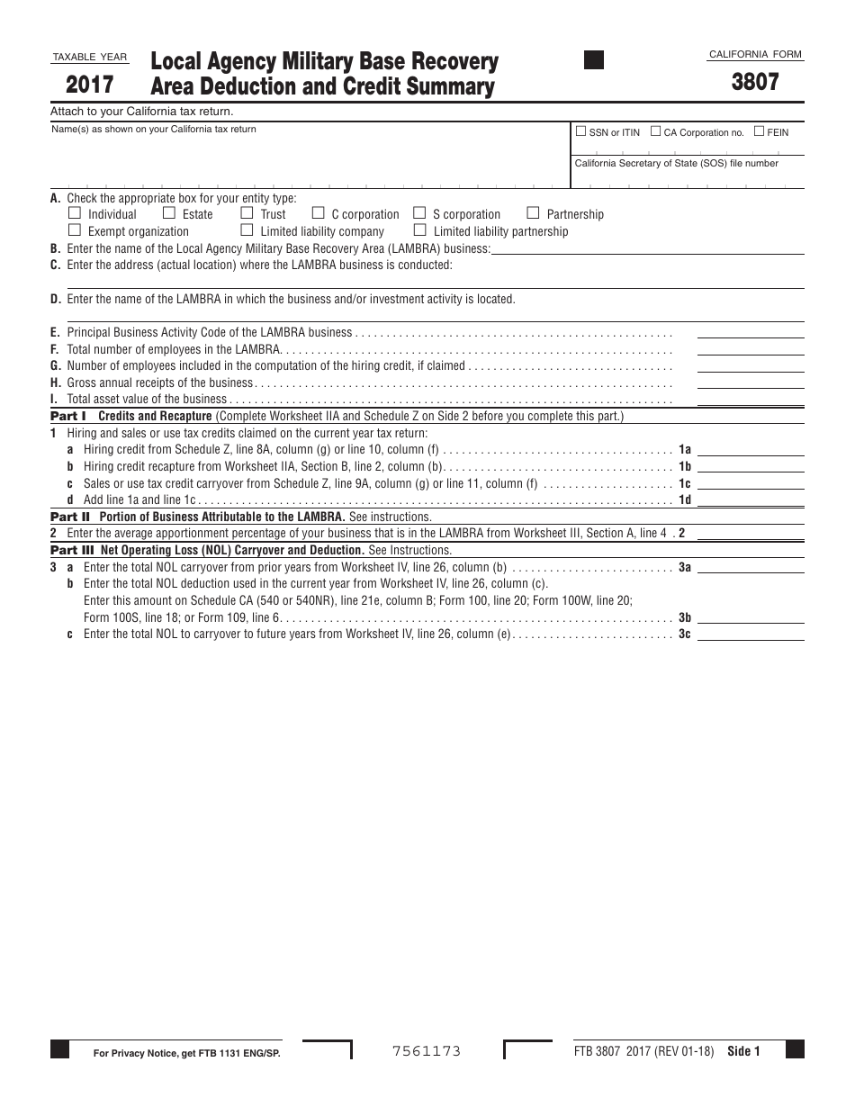Form FTB3807 Local Agency Military Base Recovery Area Deduction and Credit Summary - California, Page 1