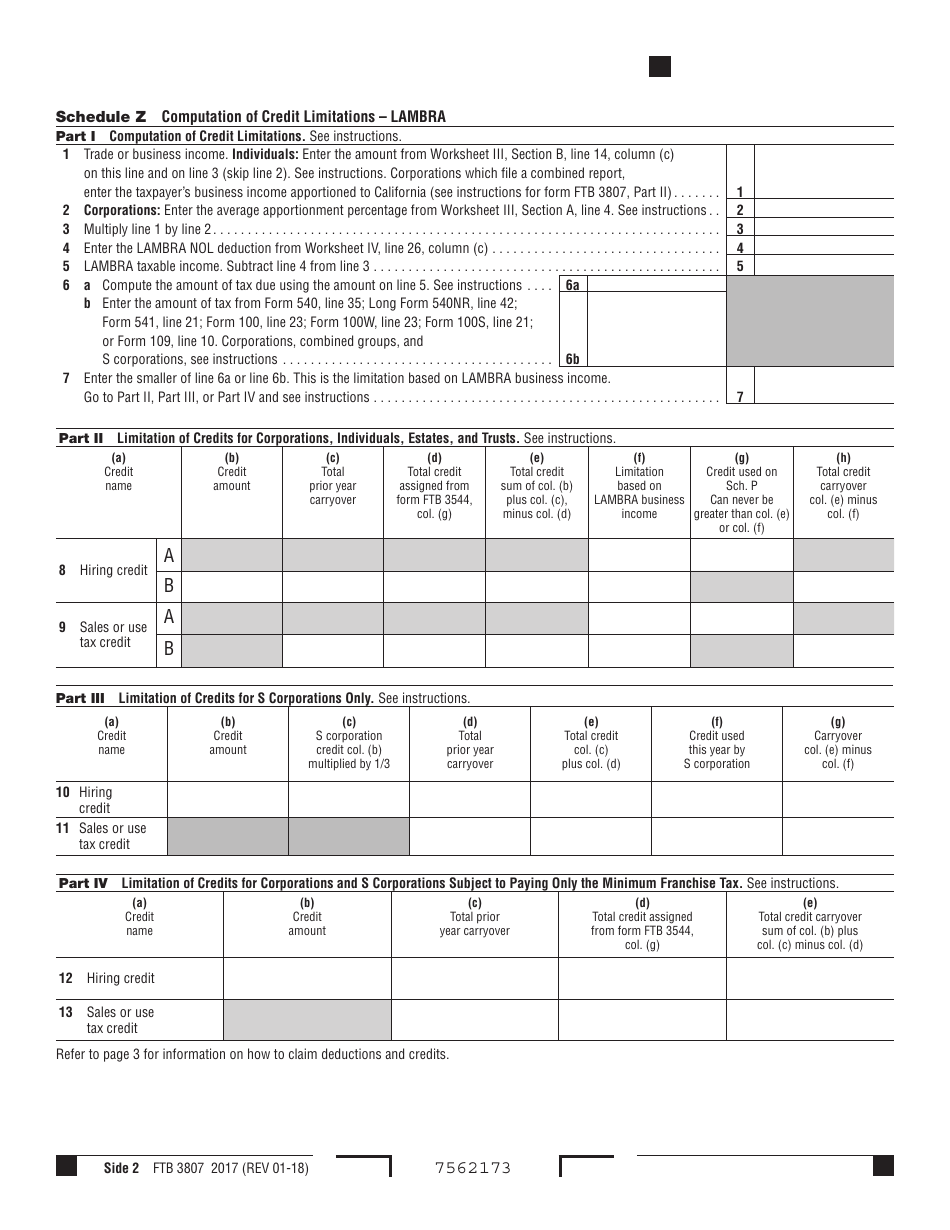 Form FTB3807 Local Agency Military Base Recovery Area Deduction and Credit Summary - California, Page 2