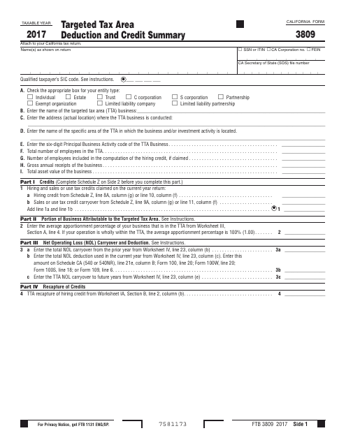 Form FTB3809 Targeted Tax Area Deduction and Credit Summary - California, 2017