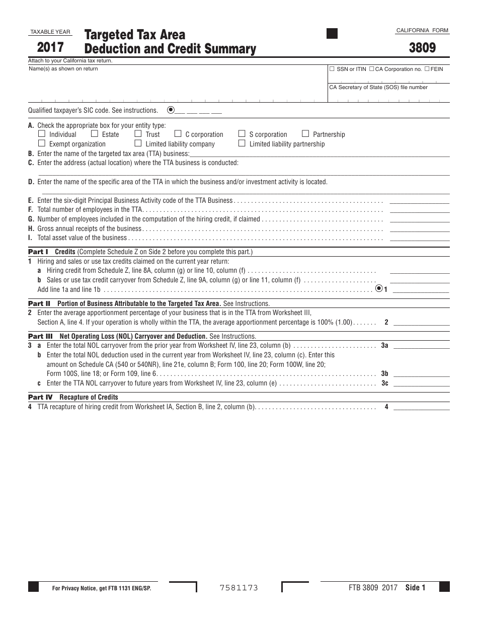Form FTB3809 Targeted Tax Area Deduction and Credit Summary - California, Page 1