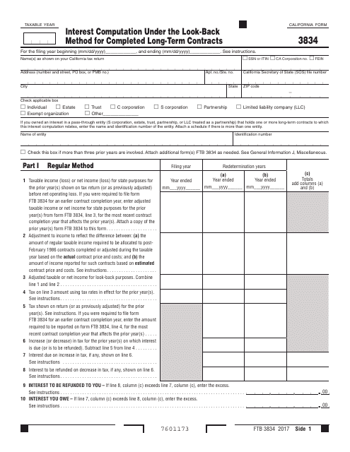 Form FTB3834 Interest Computation Under the Look-Back Method for Completed Long-Term Contracts - California