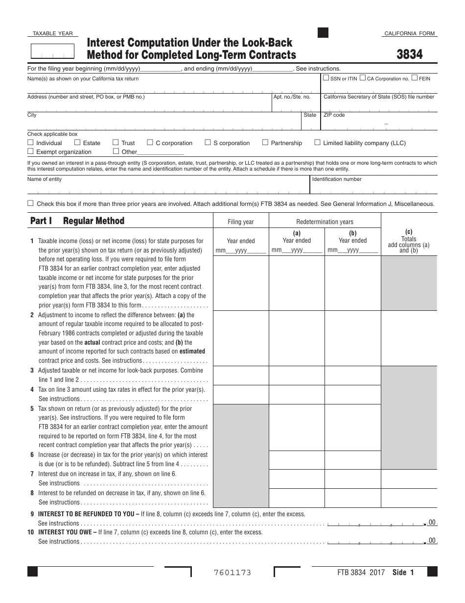 Form FTB3834 Interest Computation Under the Look-Back Method for Completed Long-Term Contracts - California, Page 1
