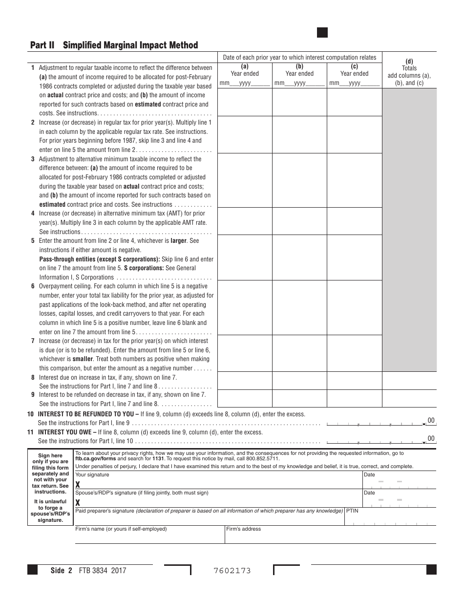 Form FTB3834 Interest Computation Under the Look-Back Method for Completed Long-Term Contracts - California, Page 2