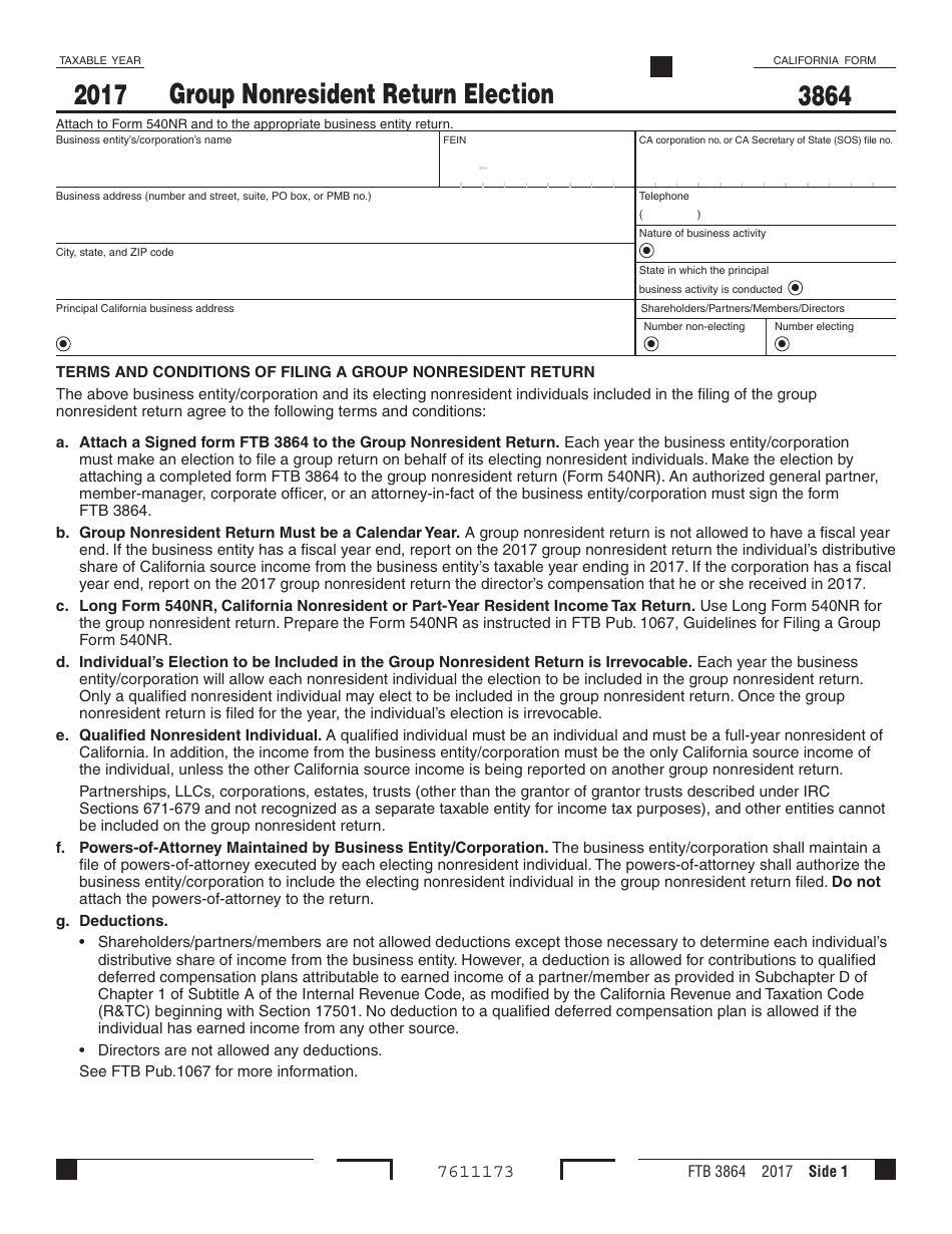 Form FTB3864 Group Nonresident Return Election - California, Page 1