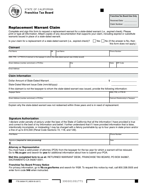 Form FTB3900A PC Replacement Warrant Claim - California