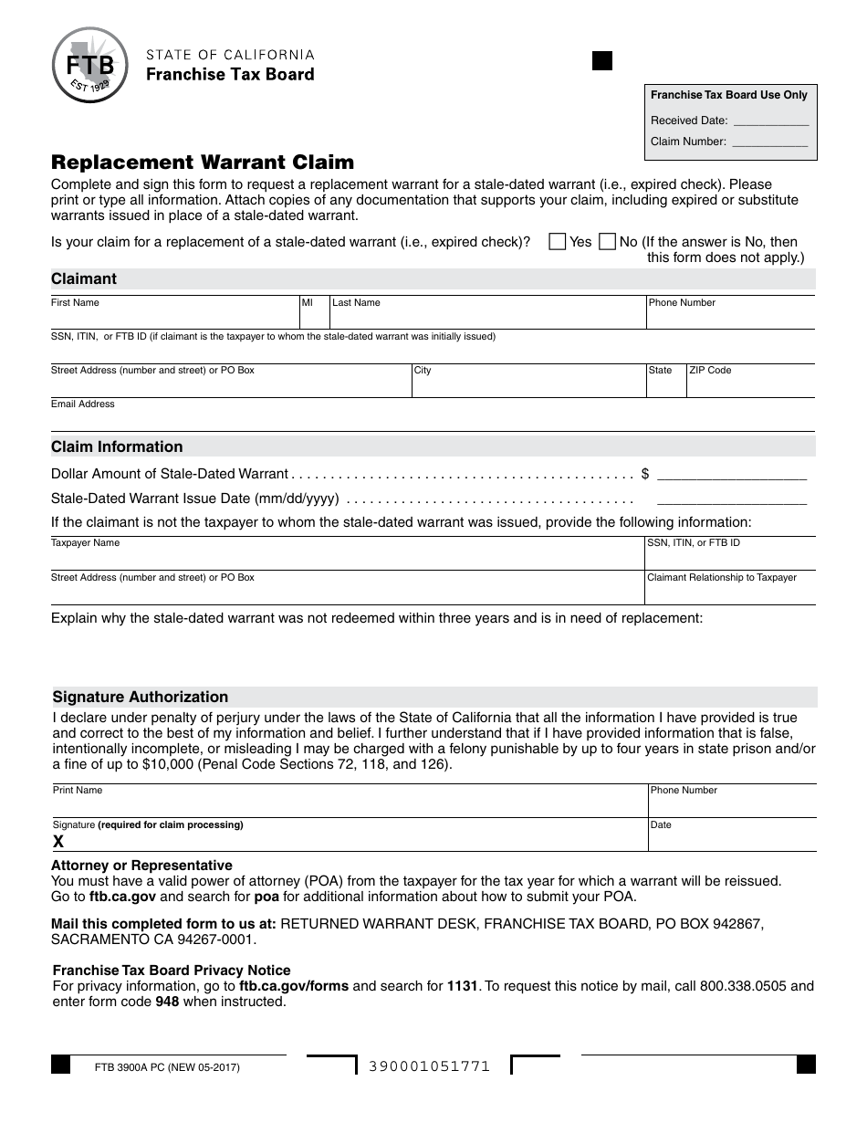 Form FTB3900A PC Replacement Warrant Claim - California, Page 1