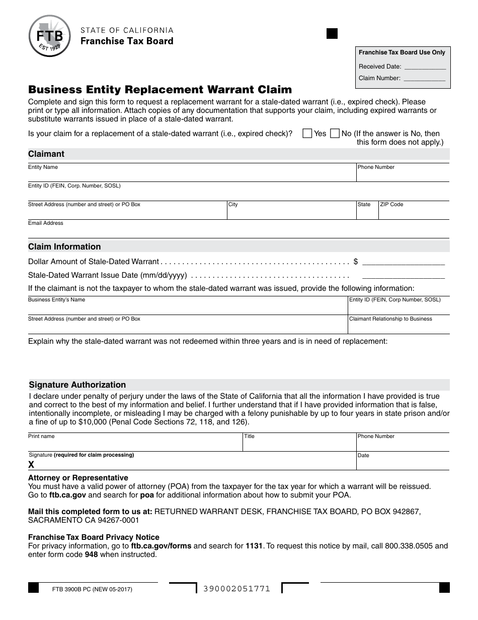 Form FTB3900B PC Business Entity Replacement Warrant Claim - California, Page 1