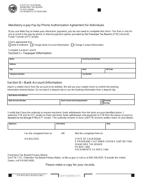 Form FTB4073 Mandatory E-Pay Pay-By-Phone Authorization Agreement for Individuals - California