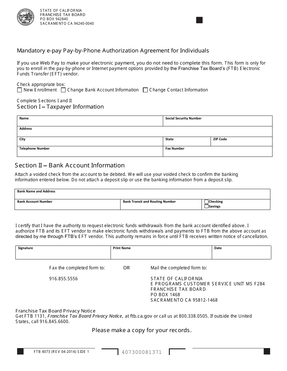 Form FTB4073 Mandatory E-Pay Pay-By-Phone Authorization Agreement for Individuals - California, Page 1