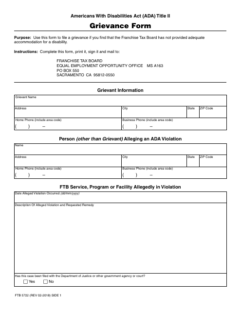Form FTB5722  Printable Pdf