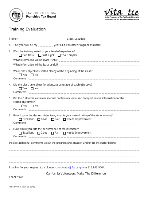 Form FTB7699 PIT Training Evaluation - California