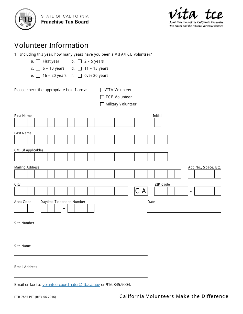 Form FTB7885 PIT Volunteer Information - California, Page 1