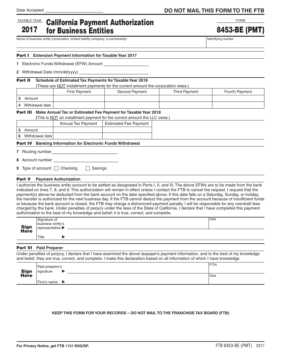 Form FTB8453-BE (PMT) California Payment Authorization for Business Entities - California, Page 1