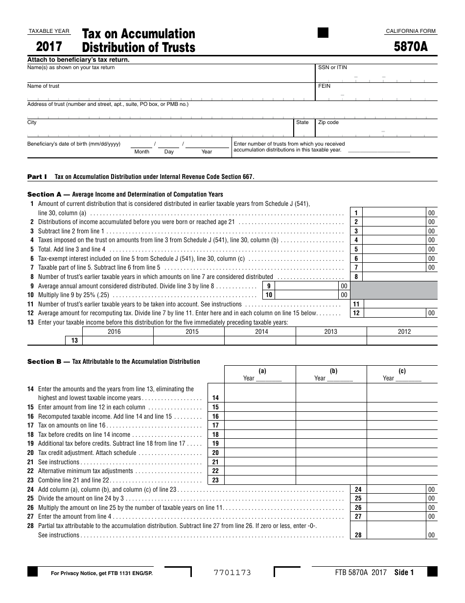 Form FTB5870A Tax on Accumulation Distribution of Trusts - California, Page 1