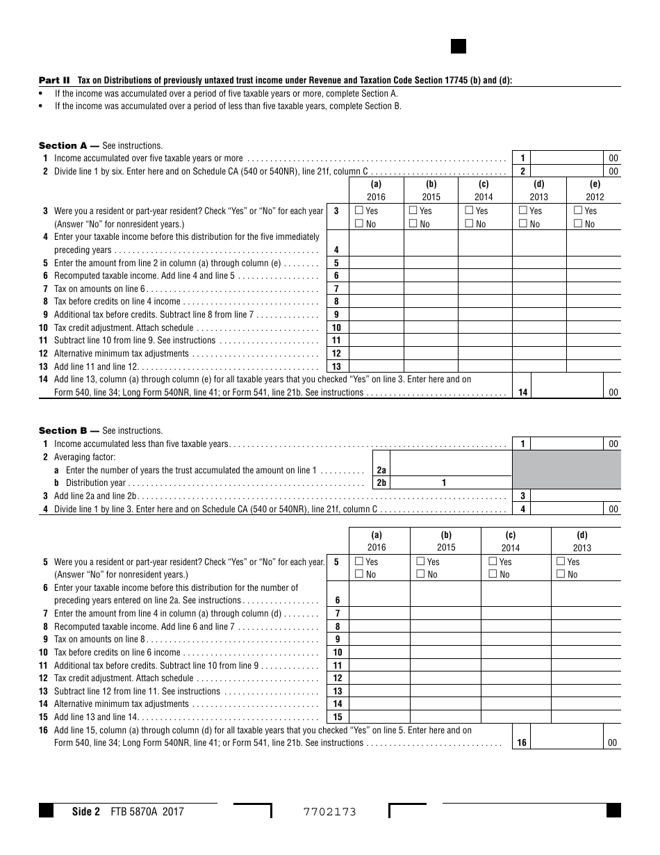 Form FTB5870A - 2017 - Fill Out, Sign Online and Download Fillable PDF ...