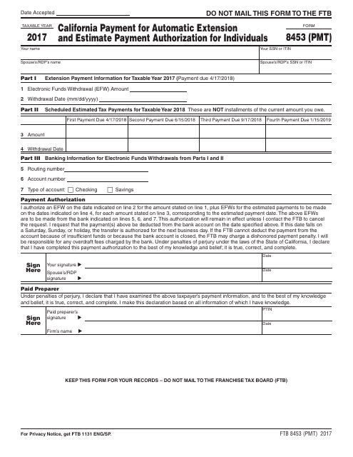 Form FTB8453 (PMT) 2017 Printable Pdf