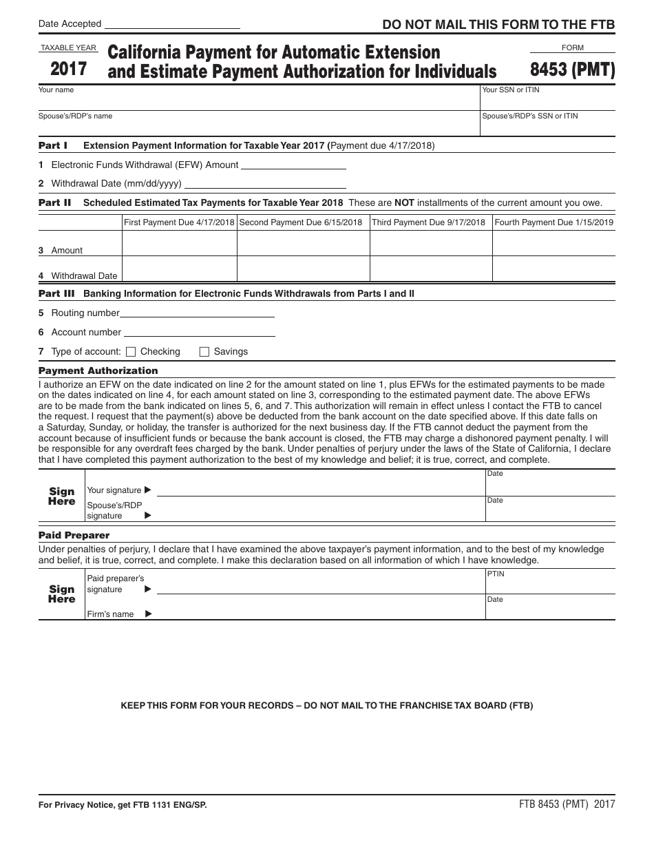 Form FTB8453 (PMT) California Payment for Automatic Extension and Estimate Payment Authorization for Individuals - California, Page 1