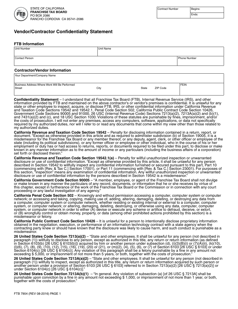 Form FTB7904 Vendor / Contractor Confidentiality Statement - California, Page 1
