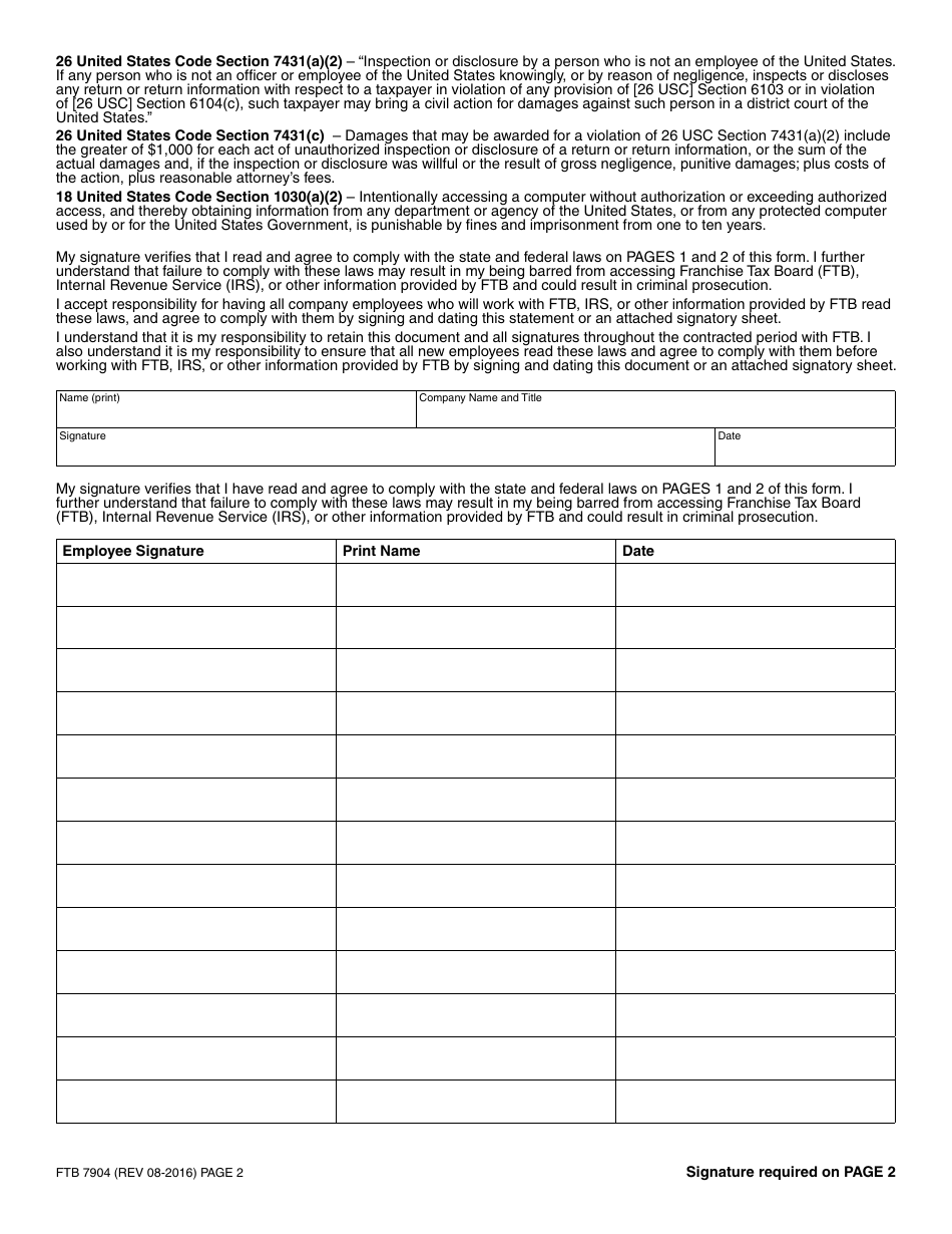 Form FTB7904 Vendor / Contractor Confidentiality Statement - California, Page 2