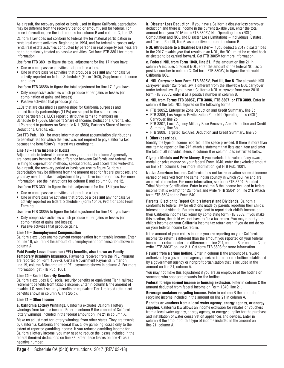 Download Instructions for Form 540 Schedule CA California Adjustments